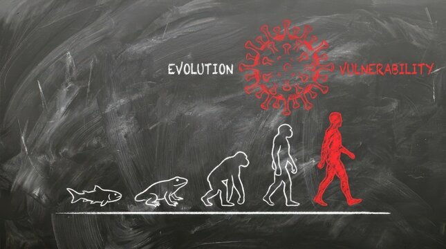 Human evolution timeline drawn on blackboard showing progression from aquatic life to modern man with virus symbol.