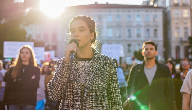 Young woman speaking into microphone at social movement protest, game changer activist event