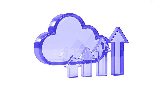 Modern 3D digital representation of cloud technology with rising arrows, symbolizing secure data upload, storage, and exponential growth in computing services