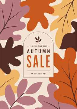 Autumn Sale Poster Template with Abstract Shapes and Botanical Leaves for Retail Promotion