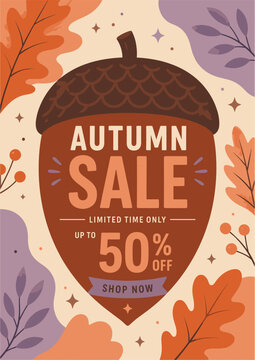 Autumn Sale Poster Template with Acorn Illustration and Decorative Fall Foliage
