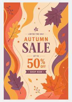 Autumn Sale Poster Template with Botanical Leaves and Seasonal Shopping Promotion