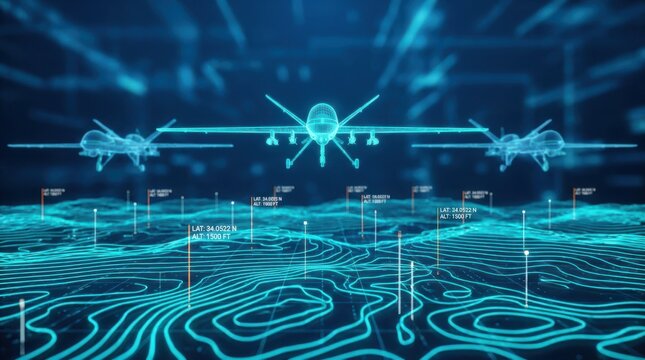 Wireframe drones flying over glowing blue digital topographic landscape grid with coordinate markers and map data.