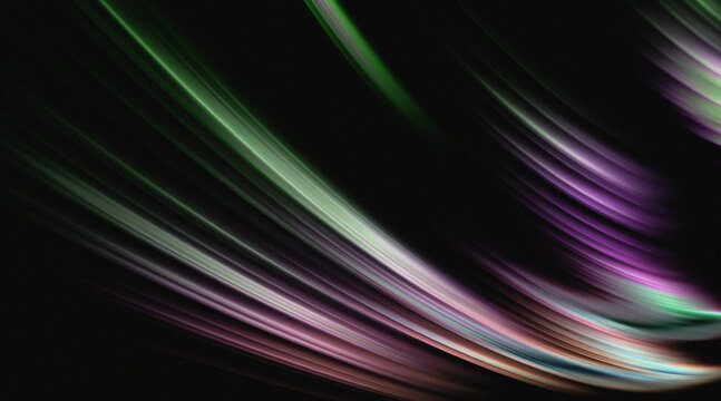 Abstract colorful grainy wave light trails on black background.