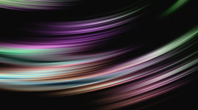 Abstract colorful grainy wave light trails on black background.