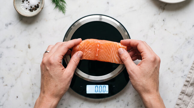 Raw salmon fillet placed on digital scale for precise portioning with white marble surface background minimalist kitchen setting.