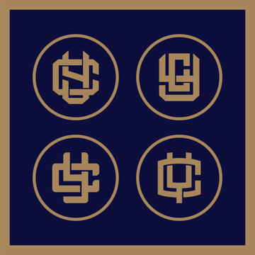 Set of vintage gold collegiate monogram cy or yc logo on dark blue background for varsity branding.