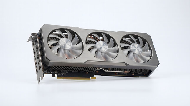 Professional-grade modern GPU featuring a triple-fan cooling system and vibrant circular RGB LED lighting. This high-end computer component is captured from a front view and isolated on a clean white 