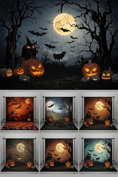 Spooky halloween photo studio background collection featuring pumpkins and full moon spooky backdrop jack o lantern scary tree bats flying pumpkin patch halloween party halloween background