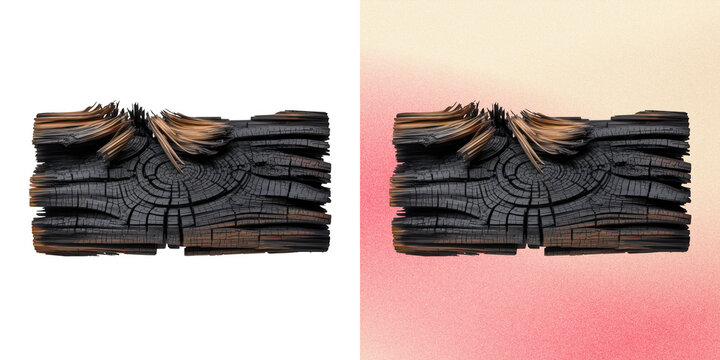 Charred burnt wooden log textured surface for rustic design elements.