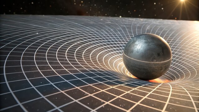 Heavy metal sphere sinking into a glowing grid representing spacetime curvature