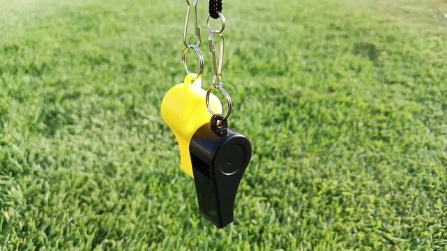 Two referee whistles yellow and black hanging together over green grass field