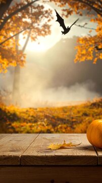 Spooky Halloween Mockup Scene with Orange Pumpkin on Wooden Table and Dark Forest Background