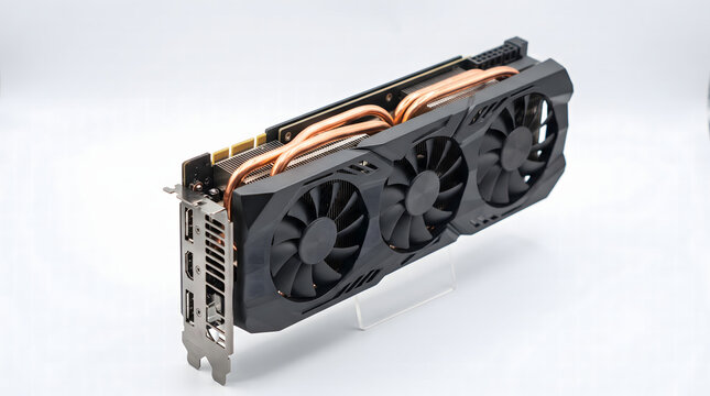 Professional-grade modern GPU featuring a triple-fan cooling system and vibrant circular RGB LED lighting. This high-end computer component is captured from a front view and isolated on a clean white 