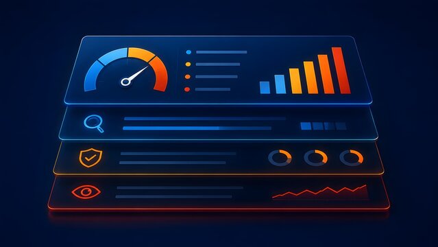 Futuristic layered digital dashboard interface with glowing analytics charts data monitoring HUD and business intelligence statistics.