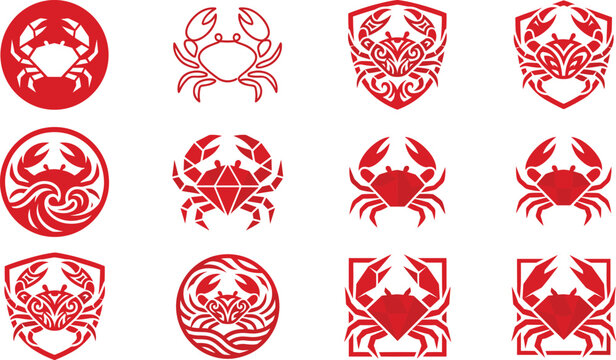 Red crab logo design icon collection with geometric tribal shield and wave element mascot set