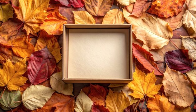 Empty wooden frame surrounded by colorful autumn leaves.