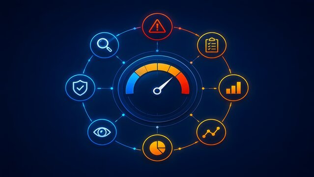 Glowing digital dashboard with central speedometer surrounded by network security and data analytics icons representing system performance monitoring.