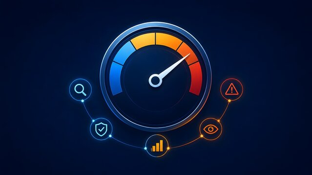 High speed digital network speedometer with glowing data analytics and security icons illustrating futuristic system performance and optimization.