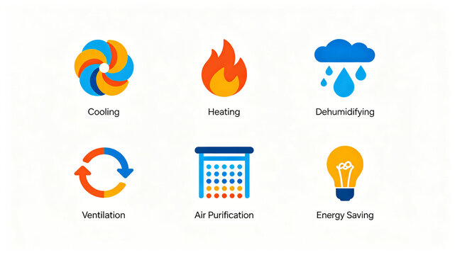 Flat icon for air conditioning function, representing cooling, heating, purification, and dehumidification, suitable for home appliance detail pages and product promotional posters.
