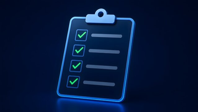 Glowing 3D blue neon clipboard with green checkmarks representing successful task completion data audit and digital checklist management.
