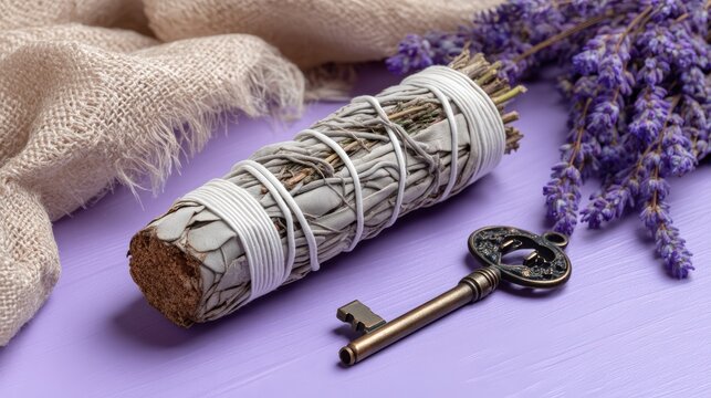 Witchy flat lay with sage smudge stick lavender bundle and antique key