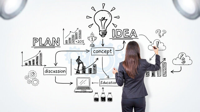 Professional woman in business suit analyzing corporate growth strategies and creative concepts on a whiteboard wall