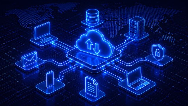 Isometric digital cloud computing network diagram connecting smart devices servers and security shields over a global world map.