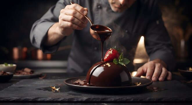 Master Chef Pouring Warm Melted Chocolate Over A Glossy Dome Dessert Adorned With Fresh Strawberry And Mint In A Fine Dining Kitchen