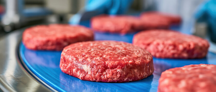 Raw hamburger patty on blue conveyor belt in sterile food processing facility showing industrial production and quality control