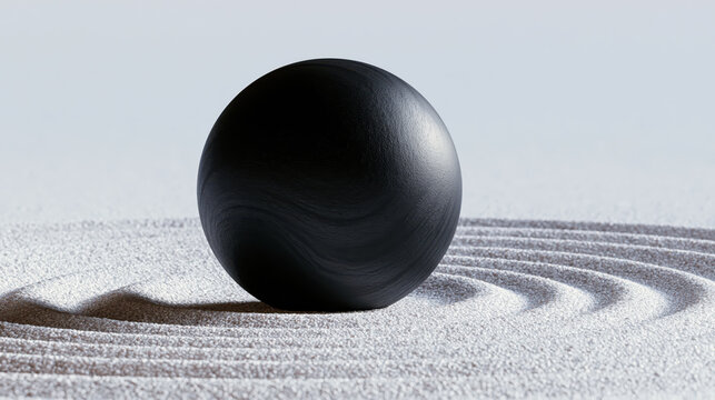 Black stone sphere on textured sand with curved ripple pattern creating minimalist scene and dramatic contrast under soft natural light