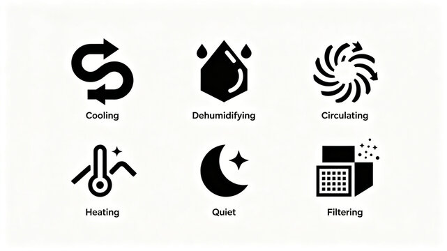 Home appliance function icon, temperature regulation, dehumidification, circulation, filtering, and silence, suitable for air conditioning e-commerce posters and product control panel UI.
