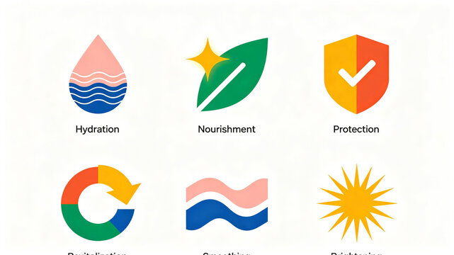 Flat icon for skincare efficacy, representing hydration, repair, protection, brightening, and nourishment, suitable for cosmetics packaging and beauty e-commerce selling point display modules.
