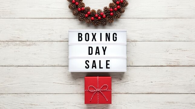 Clearance boxing day sale text on cinema light box with rustic pine wreath and small red gift on white wood planks.