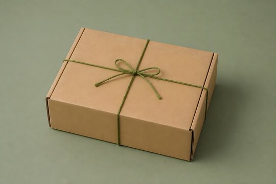 Small brown cardboard gift box tied with a thin green string bow on a solid green background
