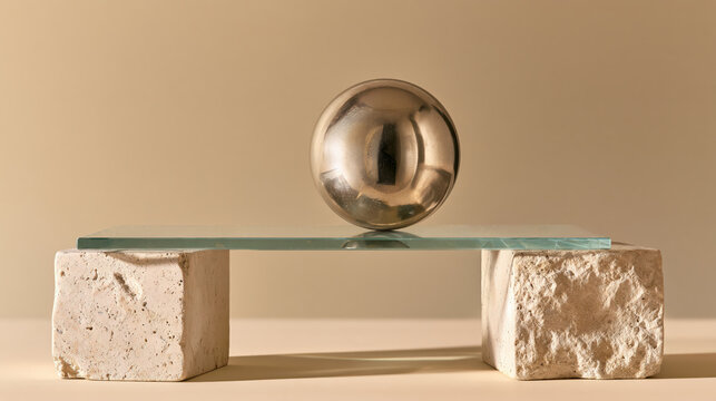 Polished metal sphere balanced on crystal glass between limestone blocks in warm morning light