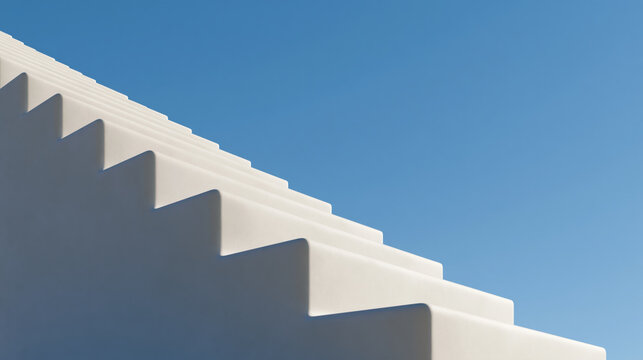 Minimalist architectural staircase with geometric shadow against clear blue sky creating calm modern structure