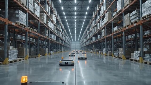 Autonomous mobile robots AMRs moving through a modern warehouse aisle, 3D render animation of automated logistics