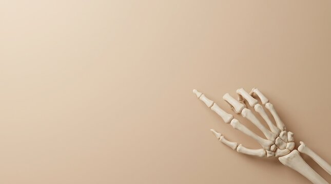 Skeletal hand replica on beige backdrop pointing finger representing scientific analysis.