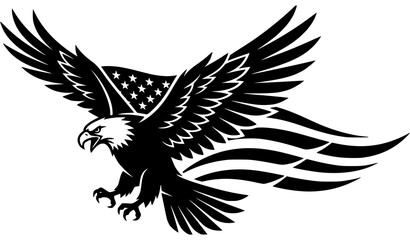 Obraz premium Patriotic bald eagle with American flag elements black silhouette vector art