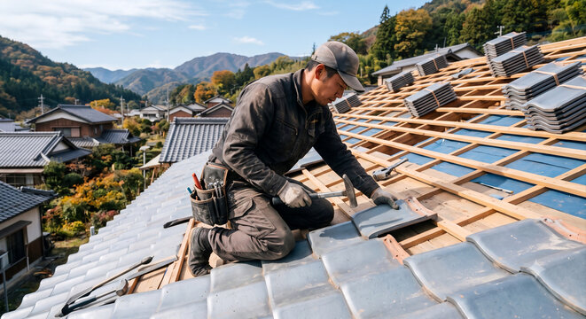 Professional roofer installing traditional roof tiles on house construction site 지붕 위에서 전통 기와를 설치하는 전문 작업자의 시공 현장
