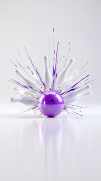A vibrant purple bowling ball collides, creating a dramatic splash effect with white and purple paint-like streaks against a clean white background.