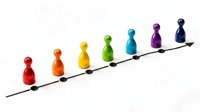 Career Progression and Business Growth Timeline Concept with Colorful Pawns on Upward Arrow Path