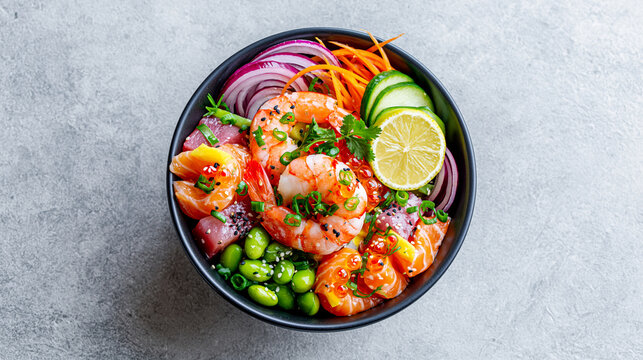 Colorful poke bowl with shrimp, salmon, tuna, edamame, cucumber, red onion, carrot, lime, and sesame seeds in a black bowl on a gray surface.
