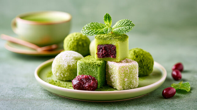 Green tea mochi with red bean filling served on a plate, accompanied by a cup of green tea and garnished with fresh mint leaves.