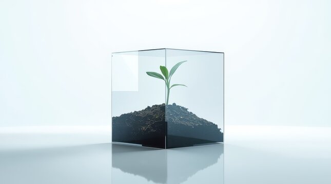 A small green seedling grows out of a mound of dark soil inside a glass cube with within clear transparent earth contained within green plant sprouts