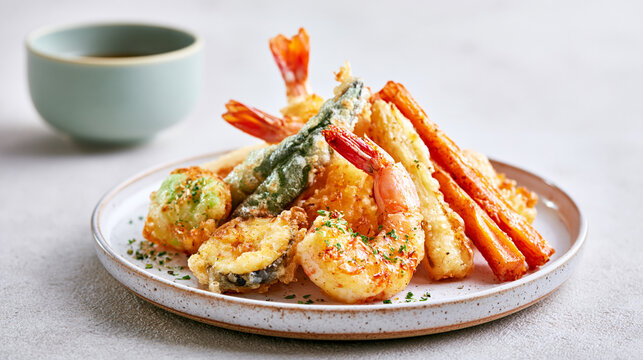 A plate of assorted tempura featuring shrimp and vegetables, served with a cup of dipping sauce in the background.