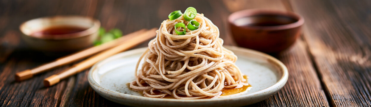 A plate of soba noodles garnished with sliced green onions, accompanied by chopsticks and dipping sauces on a wooden table.