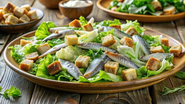 A perfectly composed platter of classic caesar salad with fresh romaine salty anchovies crunchy croutons and velvety drizzle