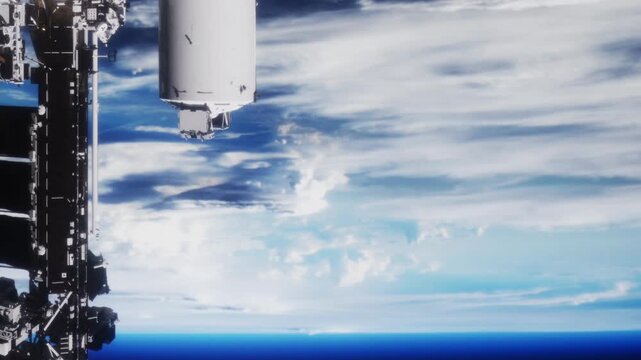 A view from the International Space Station shows a vast expanse of clouds and blue ocean. The image captures the beauty of earth from space during daylight.